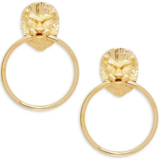 Italian 18kt Yellow Gold Over Sterling Silver Lion Head Doorknocker Earrings - Picture 3 of 11